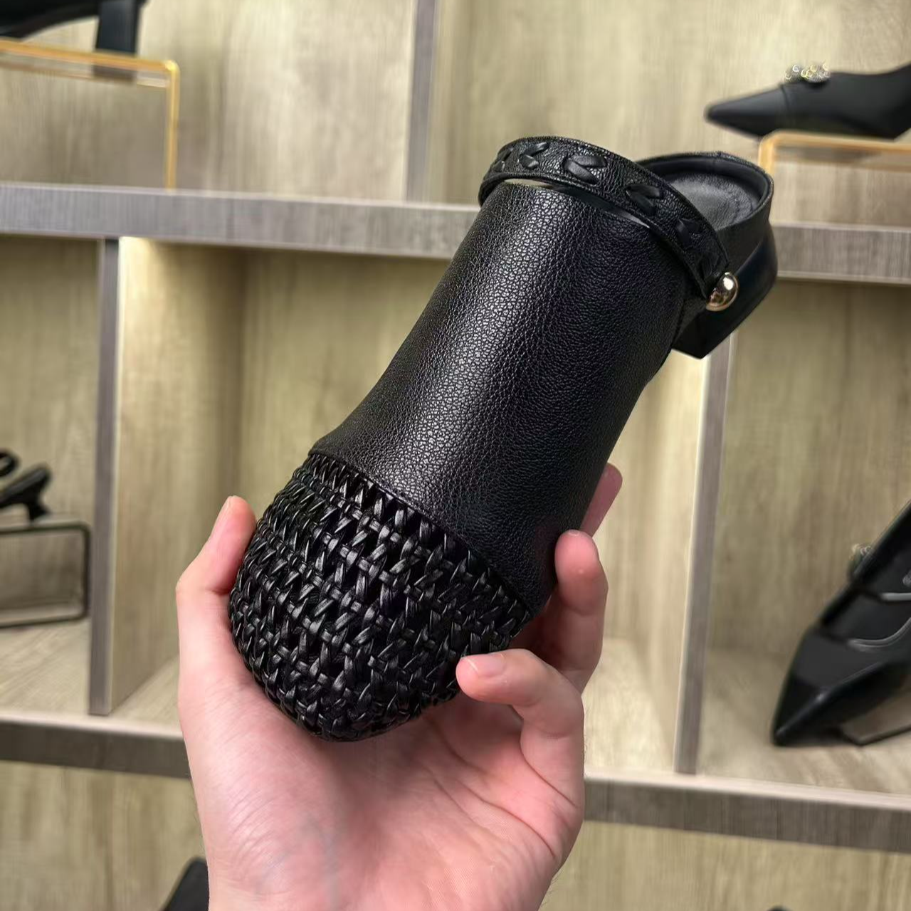 3cm/夏季透气编织半拖鞋女时尚外穿百搭圆头两穿粗跟皮拖鞋女7762