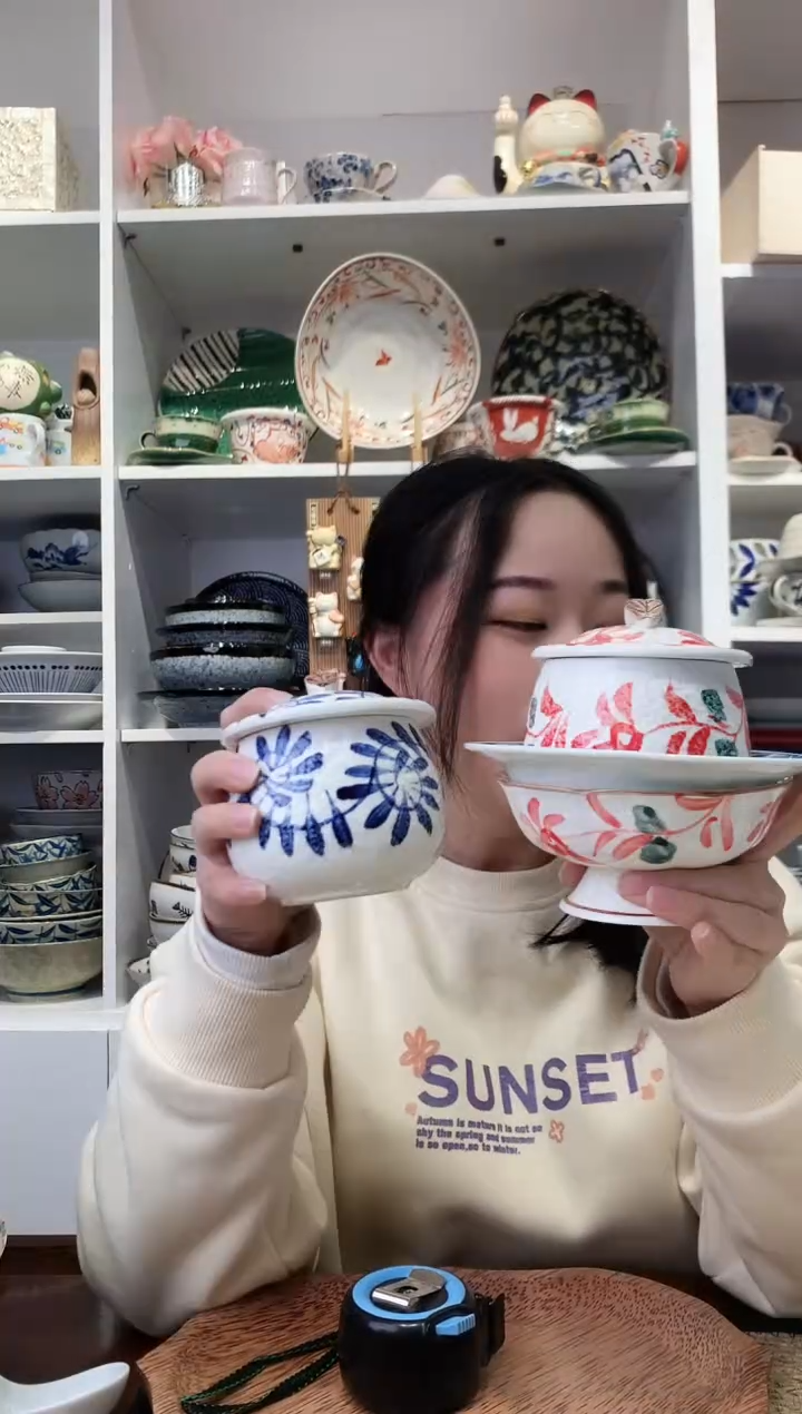 陶瓷手绘赤绘蛋盅+唐草蛋盅+赤绘高脚甜品碗+蓝凛堂福字草帽盘