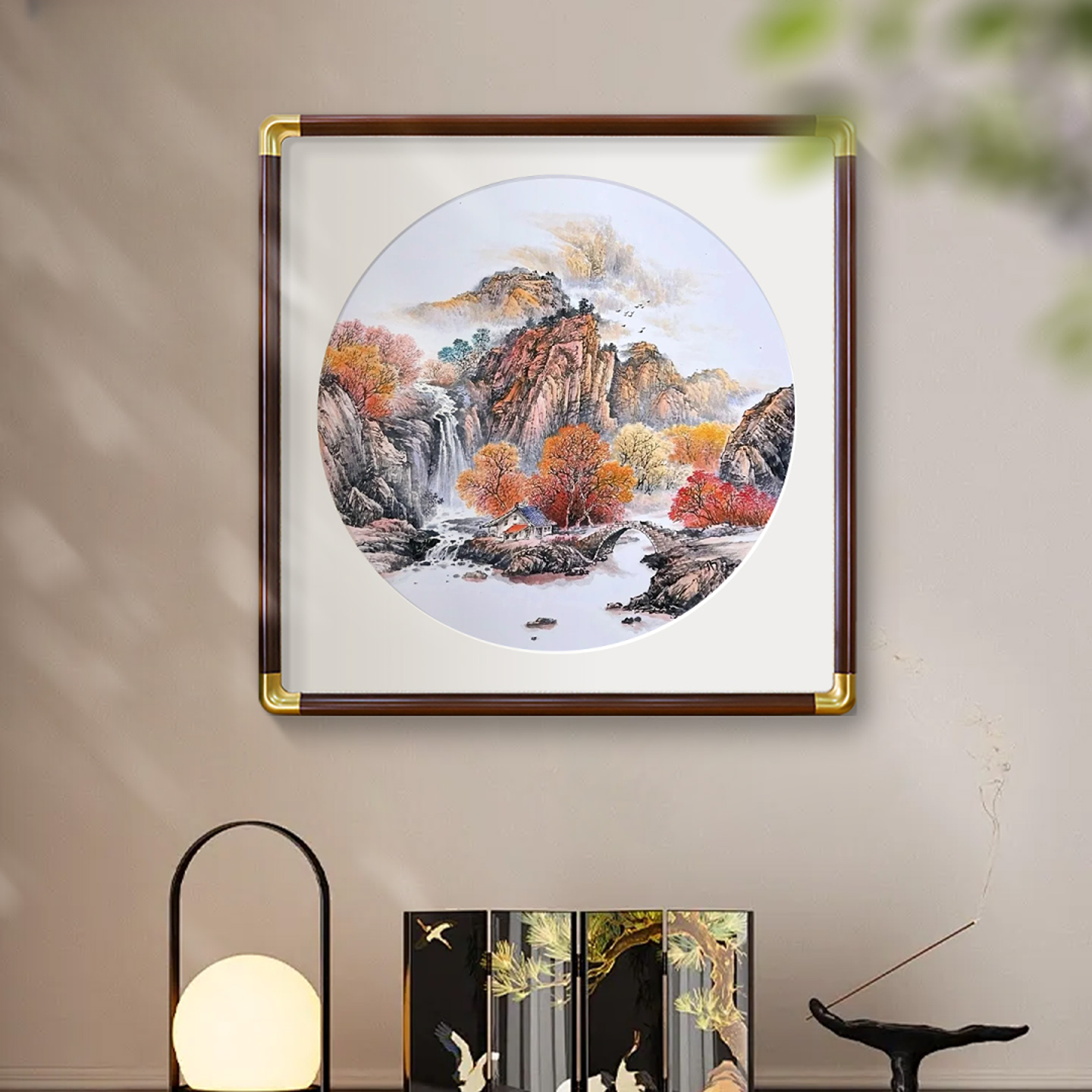 鸿运当头玄关挂画新中式国画山水画餐厅背景墙装饰画秋景斗方壁画