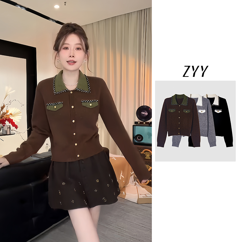 ZYY【空心格】2025/S新品撞色袋盖织带翻领针织开衫衣X25QMY05279