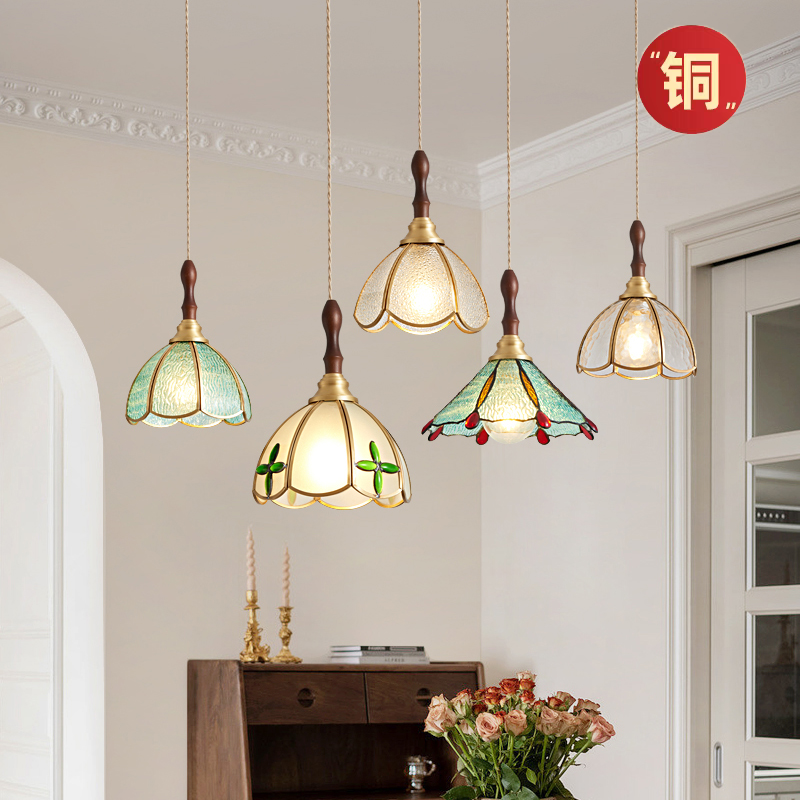 美式复古客厅吊灯全铜纯手工焊锡灯卧室床头餐厅彩色玻璃创意吊灯