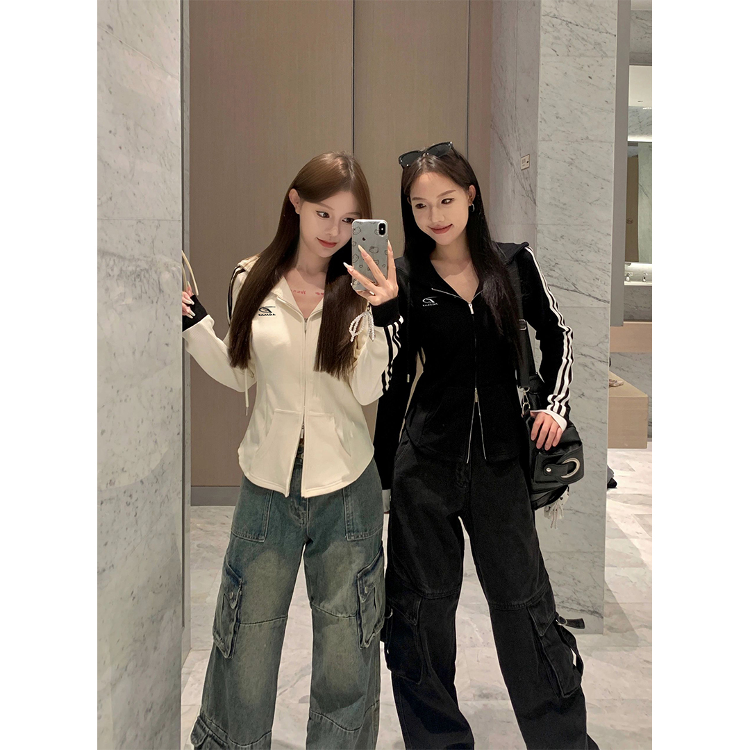 春秋季新款美式复古连帽开衫女韩系简约百搭刺绣薄款短外套休闲