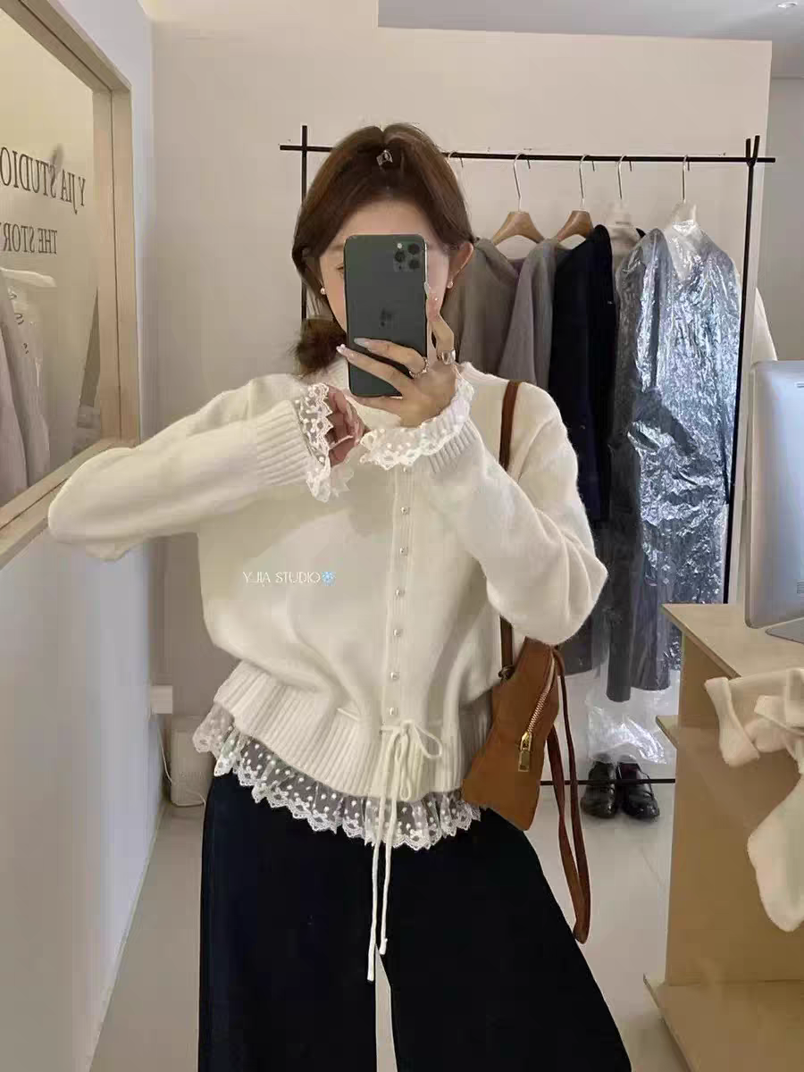 【大码】蕾丝假两件毛衣外套女秋季加厚收腰针织开衫7311