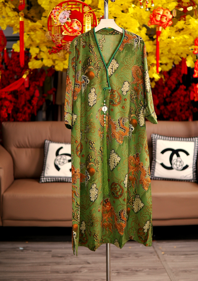 连衣裙提花套头款吸汗极简风短袖唐装连帽气质复古3998