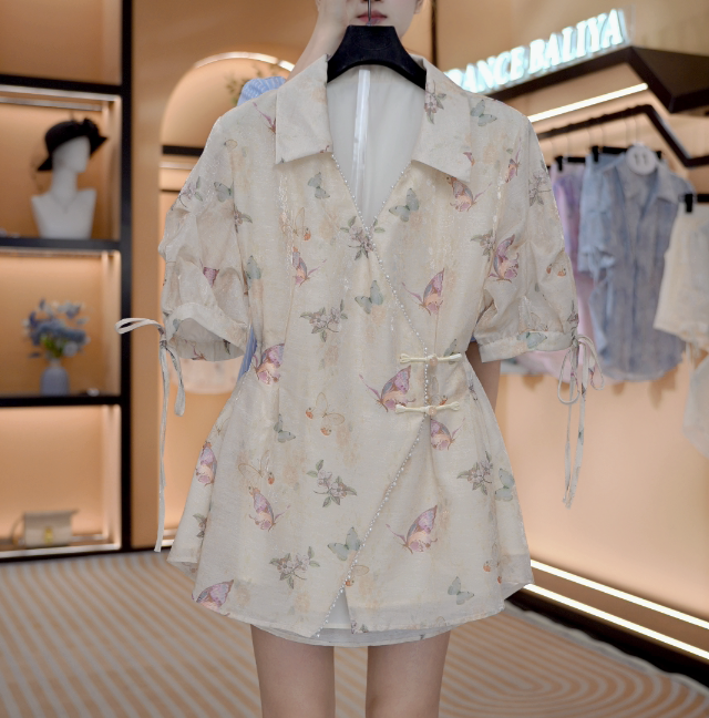“彩蝶“新法式春夏慵懒感中长款宽松休闲衬衫套装 Y709