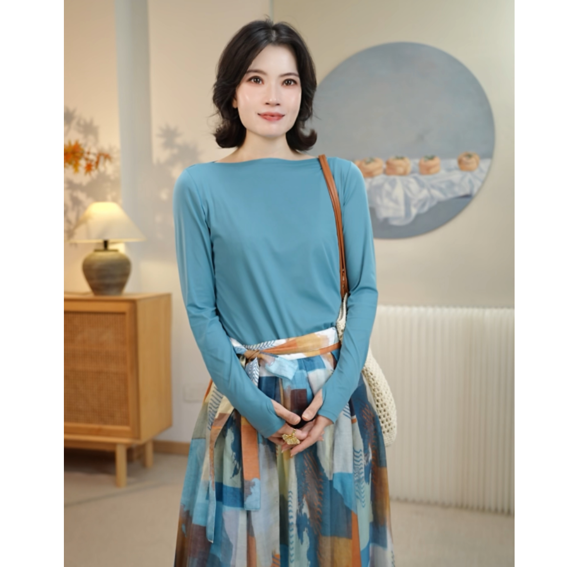 优雅一字领上衣长袖打底23232