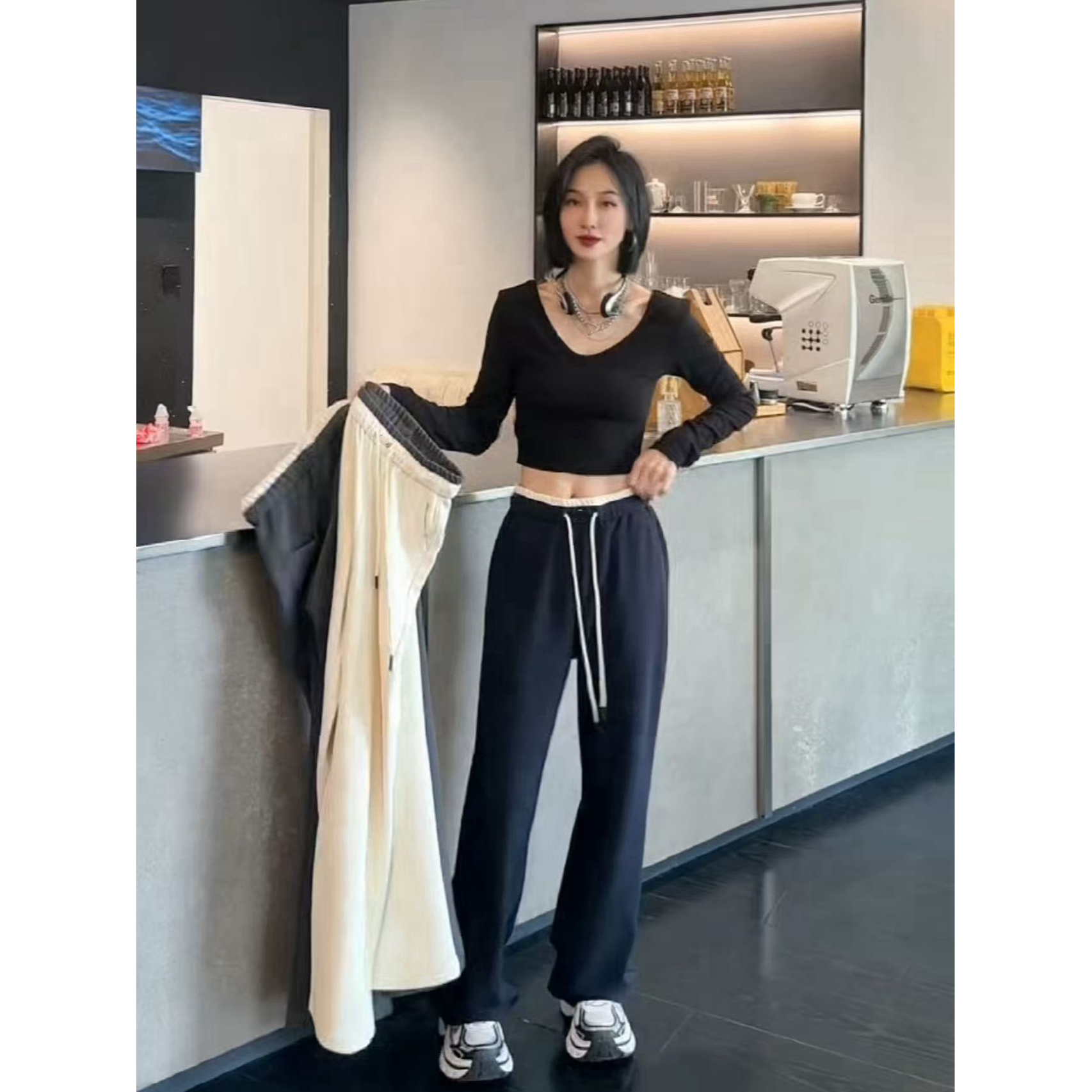 【6730】佳#松紧腰直筒宽松休闲裤