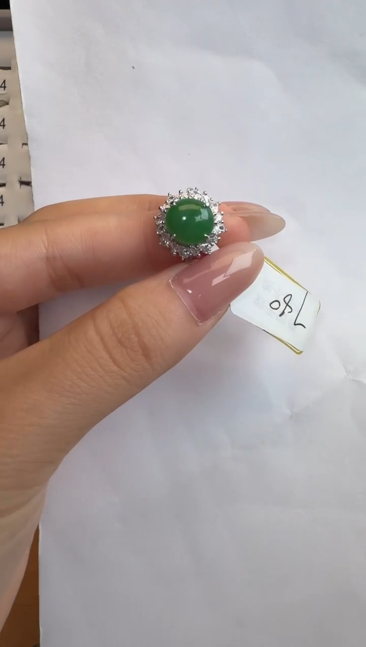 银S925镶嵌戒指翡翠通体925银镶缅甸A货翡翠戒指