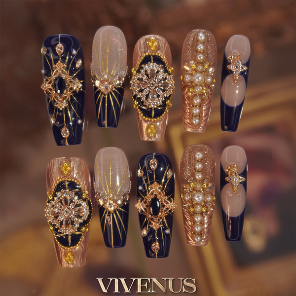 【马德里】复古宫廷风穿戴甲 蓝金奢华塔罗款 高级感女王气场美甲 