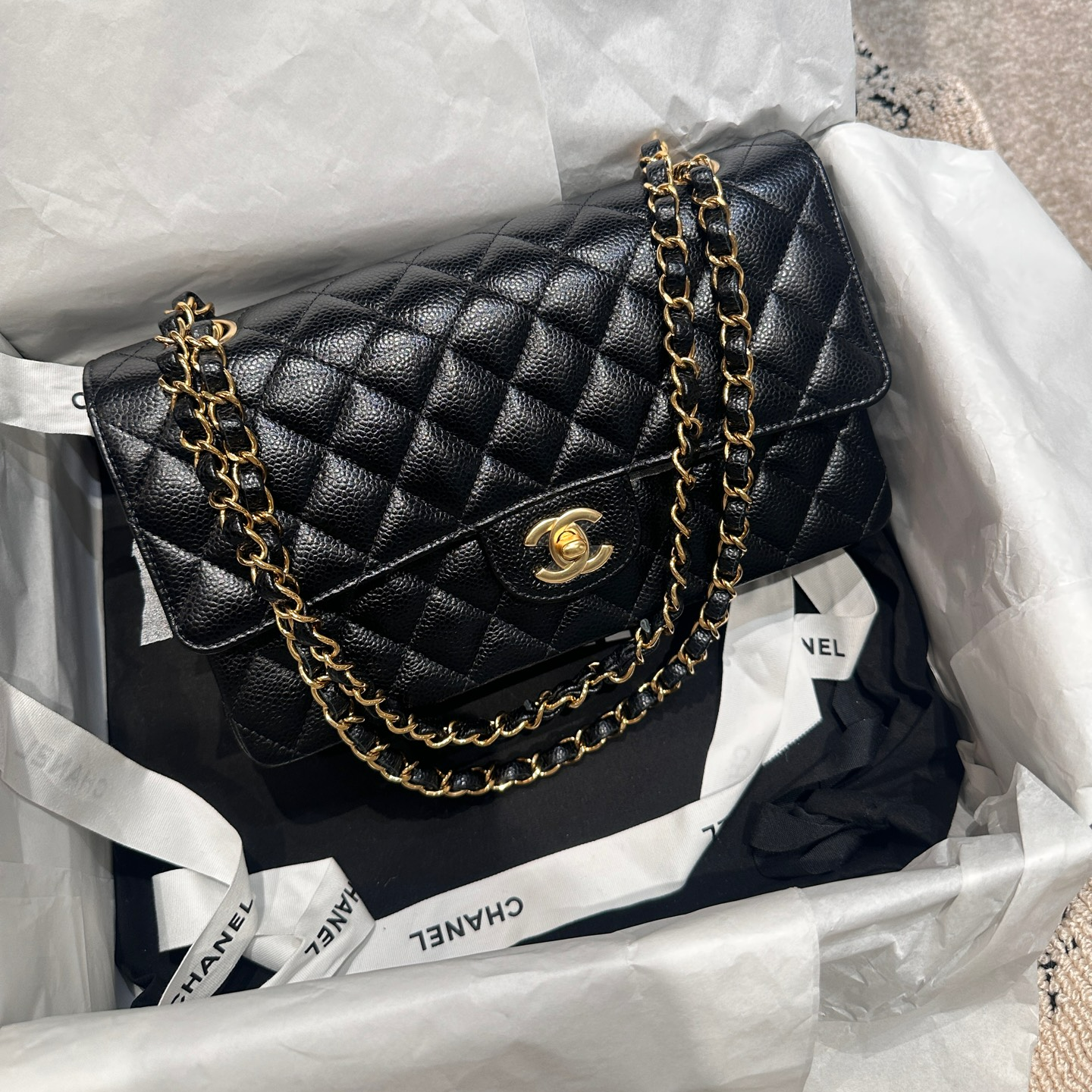 未使用 Chanel/香奈儿 25年芯片款黑金中号荔枝皮cf经典款