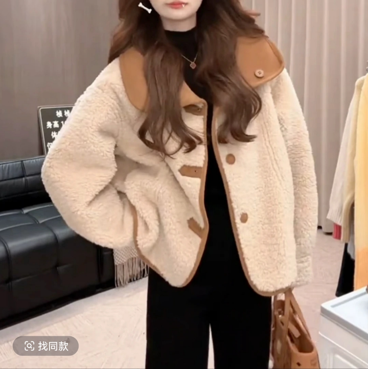 【外穿羊羔毛】秋冬新款翻领冬季女保暖包袖纯色短外套毛领T