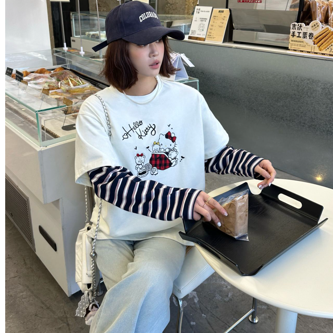 2025春季韩版宽松显瘦条纹撞色拼接刺绣小猫凯蒂假两件打底衫