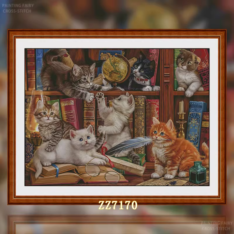 【ZZ7170-书架上的小猫咪】十字绣2026新款线绣客厅卧室餐厅