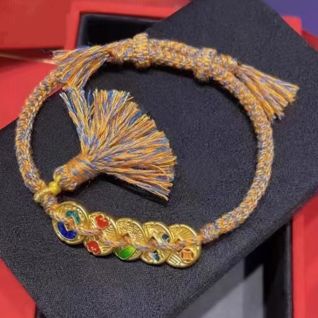 黄金足金999如意五帝钱串珠手串藏式编织手绳