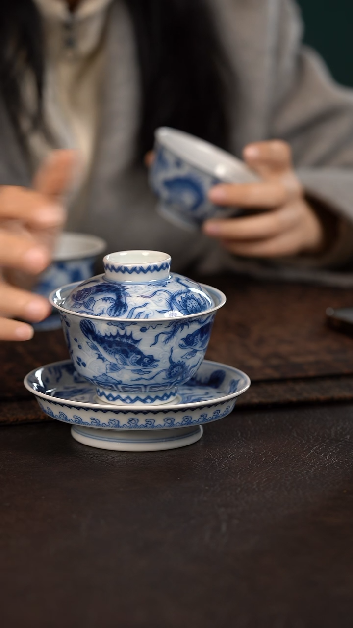 【闪购商品】杯望月怀古淡海水鱼藻三才盖碗