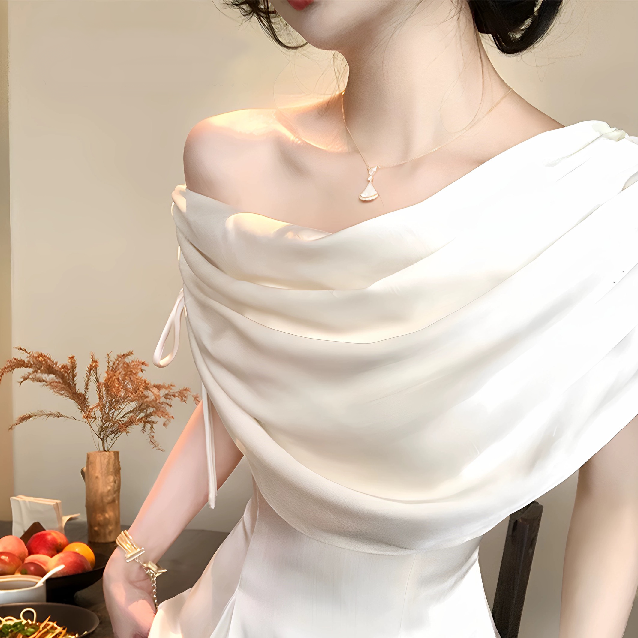 满庭芳法式荡领连衣裙气质2026春季新款订婚礼服领证登记小白裙女