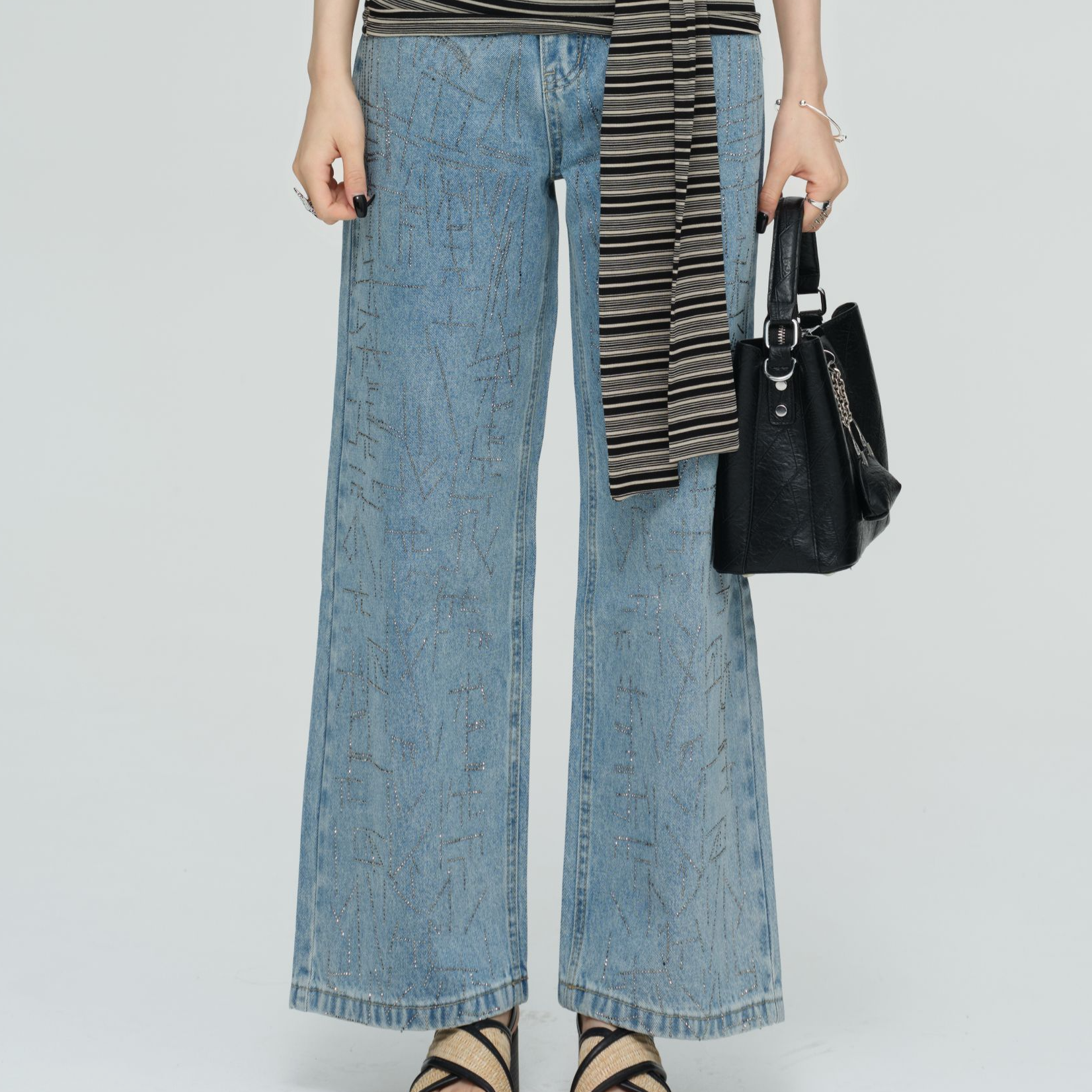 co&sheng小个子春季新款亮钻直筒高腰牛仔裤时尚显高显瘦百搭休闲