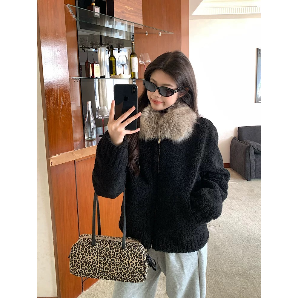 定染毛领小颗粒羊羔毛外套女秋冬季新款皮毛一体加厚黑色环保皮草