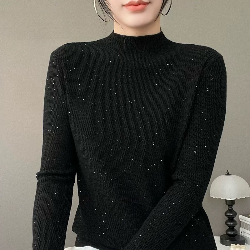 【亮闪闪】秋冬针织衫高领蕾丝纯色打底针织衫上衣百搭5505#