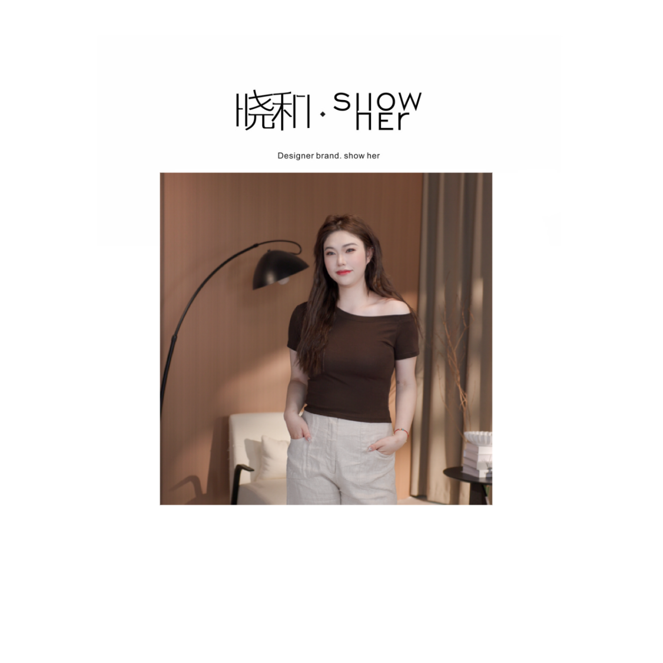 SHOW HER 【斜肩T】短袖斜肩性感风纯色圆领针织抹胸T恤