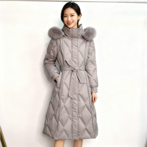 2025新款狐狸毛领90鸭绒服修身显瘦气质百搭长款连帽加厚收腰