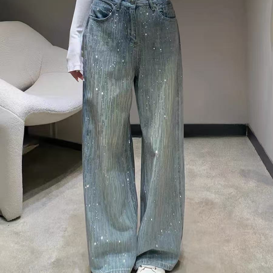 【丂枧家】亮钻加绒阔腿裤牛仔裤女韩系加绒裤子复古高腰长裤宽松