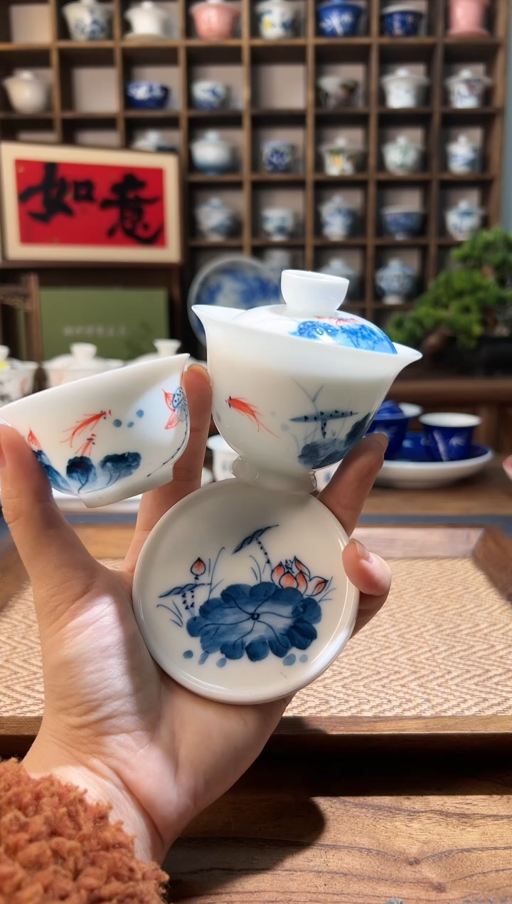 【闪购商品】90ml-荷花小盖碗+荷花杯+荷花杯垫