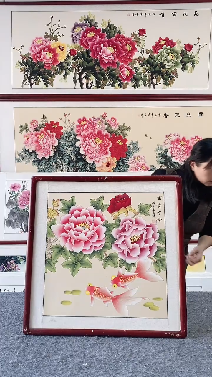 国画实木画框纯手绘牡丹国画65*65C带框装饰挂画