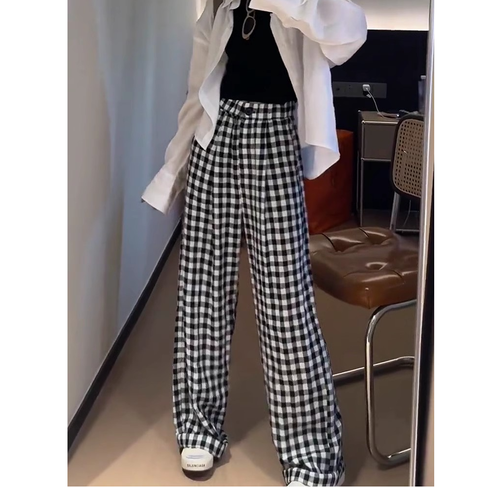 高腰格纹垂感百搭直筒阔腿休闲裤子女2025年春季新款宽松显瘦长裤