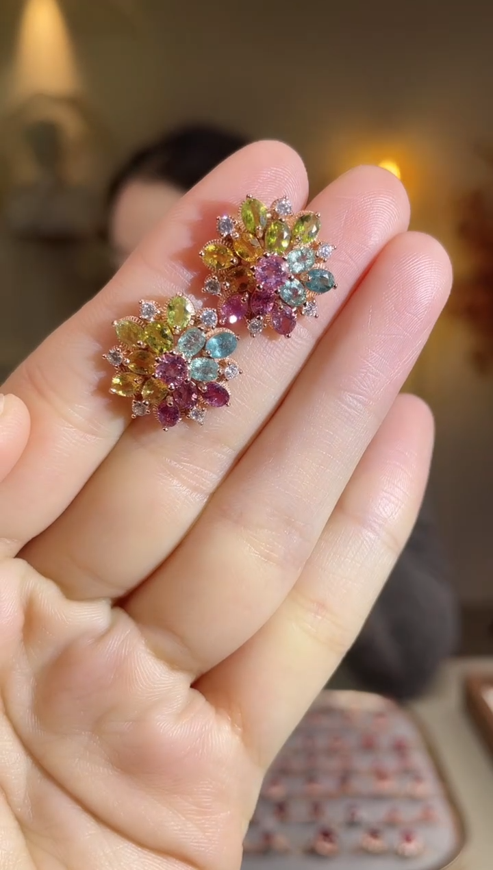 银S925镶嵌耳饰碧玺耳饰