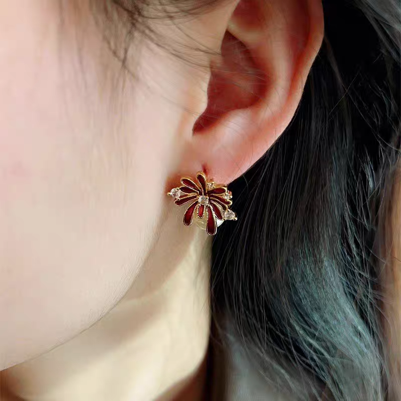 铜合金耳饰 甜美瑞丽风气质红色耳钉高级感百搭耳饰N3723