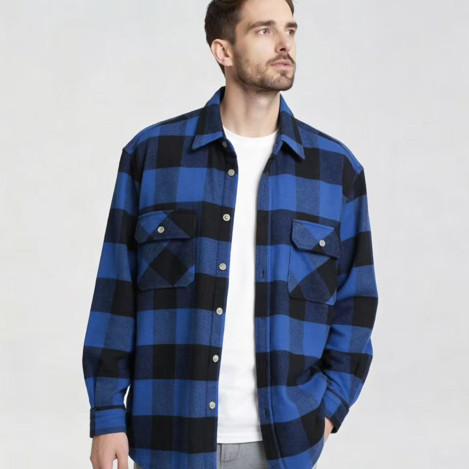 新款秋冬男士磨毛加肥加大码宽松休闲胖子长袖格子衬衫6