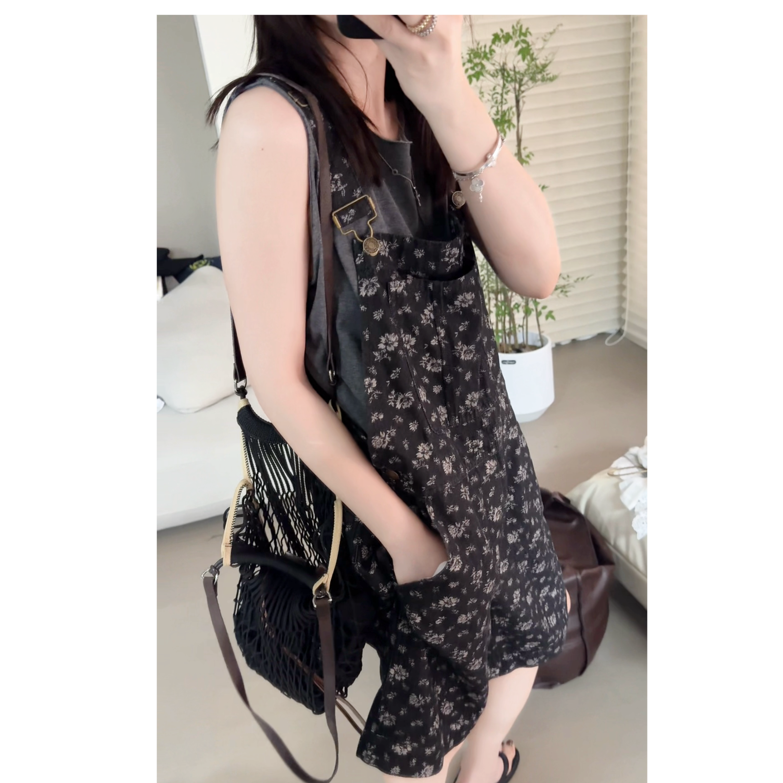 复古花清薄牛仔背带裤