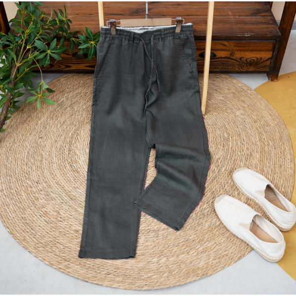 纯亚麻男士夏季薄款休闲裤垂感直筒宽松百搭男裤国风松紧腰长裤子