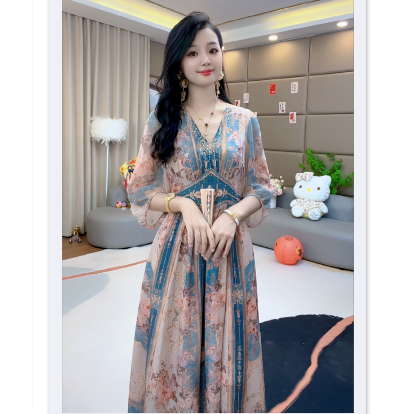 《小暖心选》“复古宫廷华”重工烫钻气质女装桑蚕丝连衣裙 80127