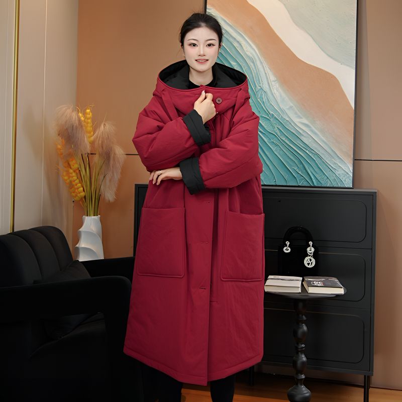 2025冬季连帽长款双面穿时尚欧韩加厚女士棉服宽松保暖显瘦韩版