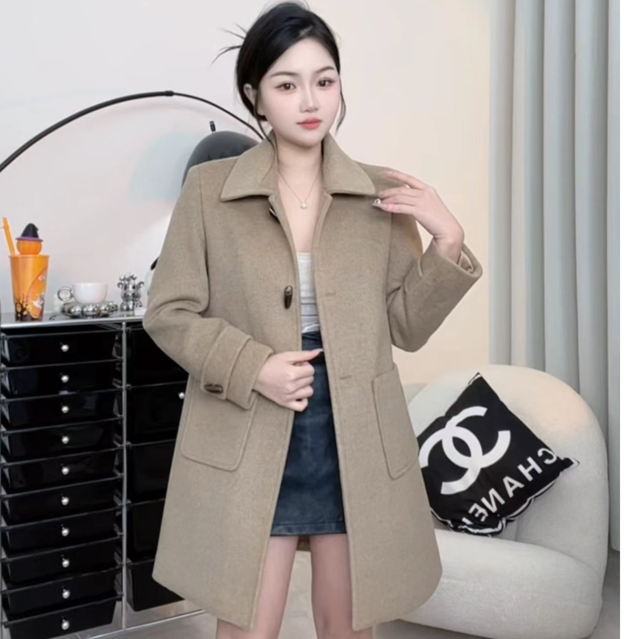 2024秋冬新款加棉加厚绵羊毛毛呢中长款外套-5868女装气质款外套