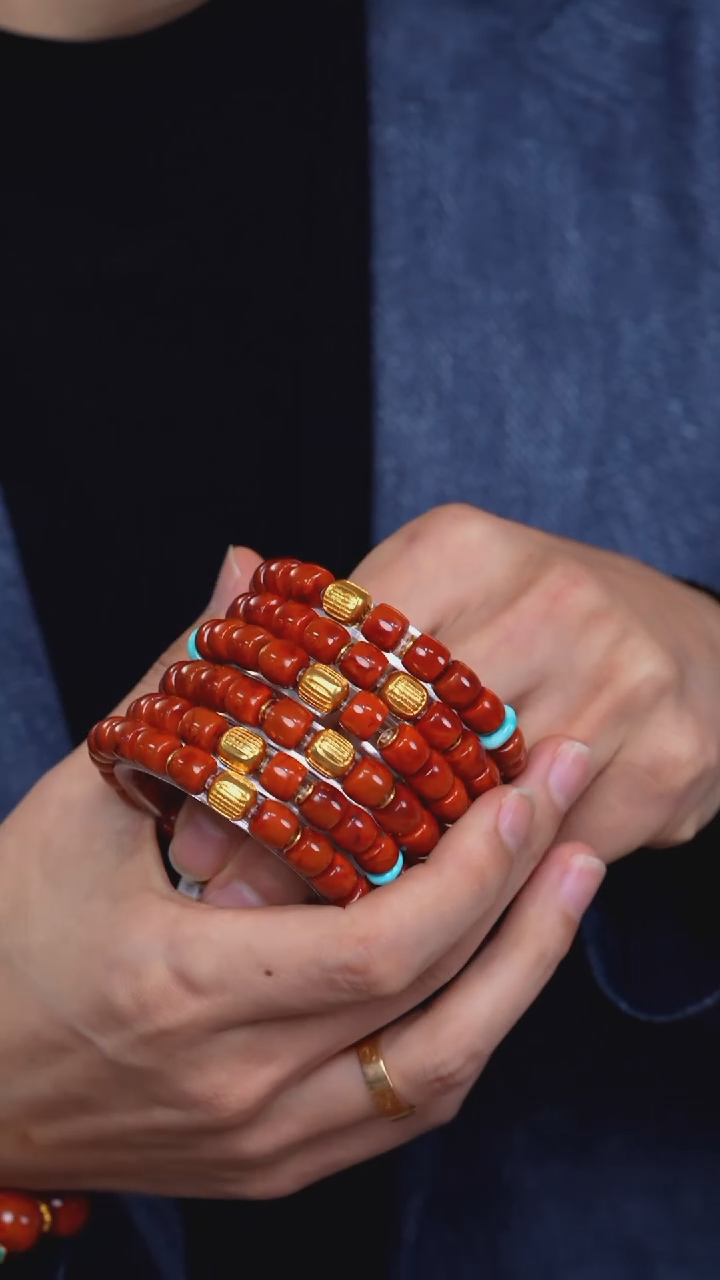 【闪购商品】南红玛瑙手串18K金镶嵌金沙江南红手串 多样性发其一