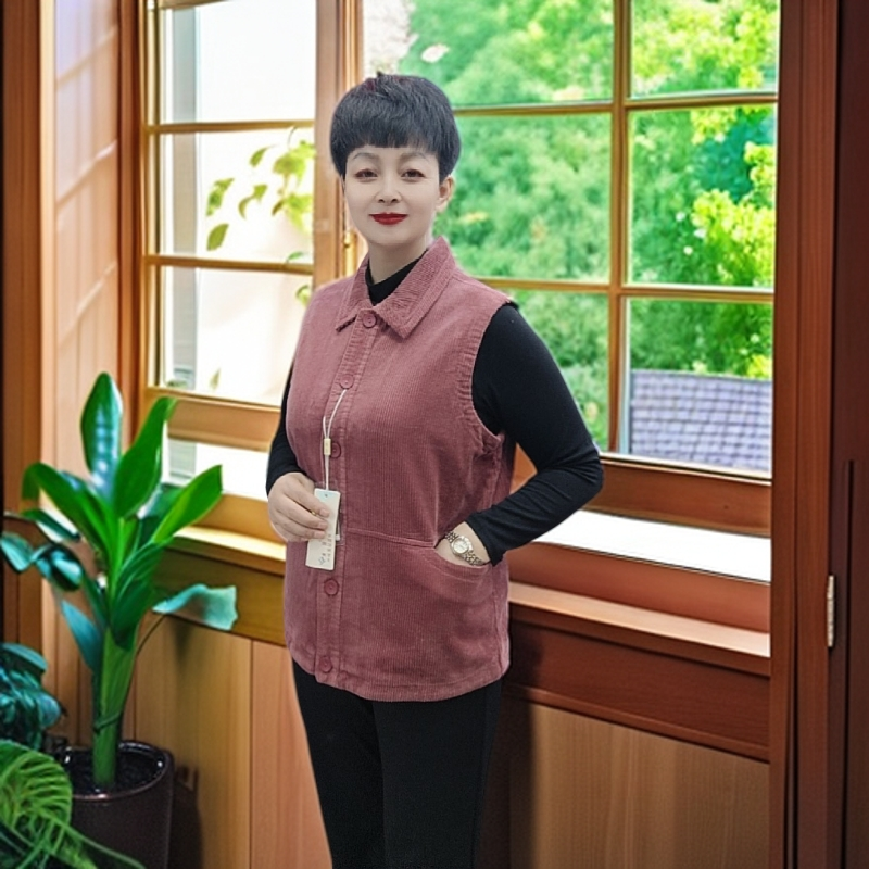 中老年女装纯棉条绒马甲春秋外穿纯色灯芯绒坎肩上衣