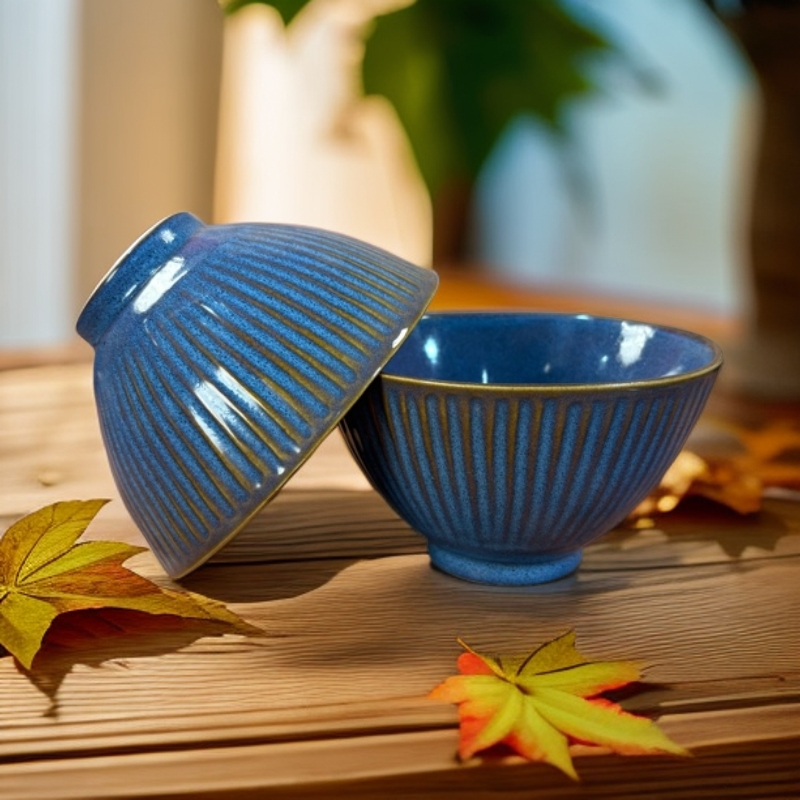 393 微瑕5英寸蓝色斗笠米饭碗精致窑变釉