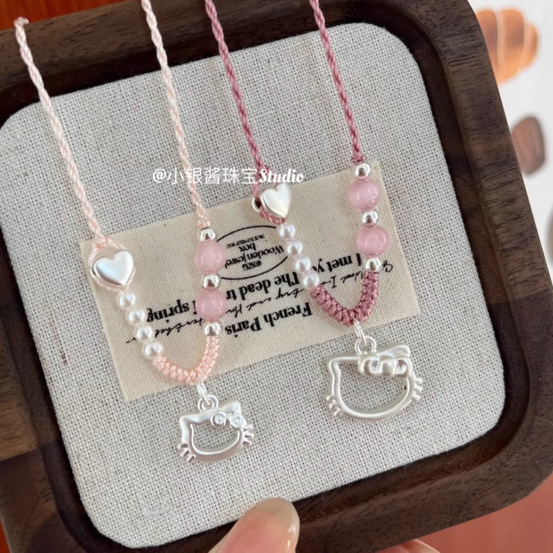 吊坠足银 足银999镂空猫纯银hellokitty银编绳项链吊坠女送女友