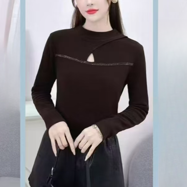 2025秋冬新款时尚带钻打底衫镂空百搭T恤显瘦女士上衣1069长55