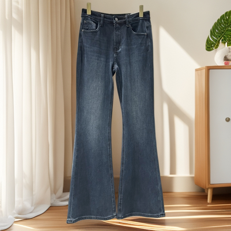 代家F383-1牛仔裤女2025冬加绒高腰微喇叭长裤高级缪缪蓝色筒喇裤