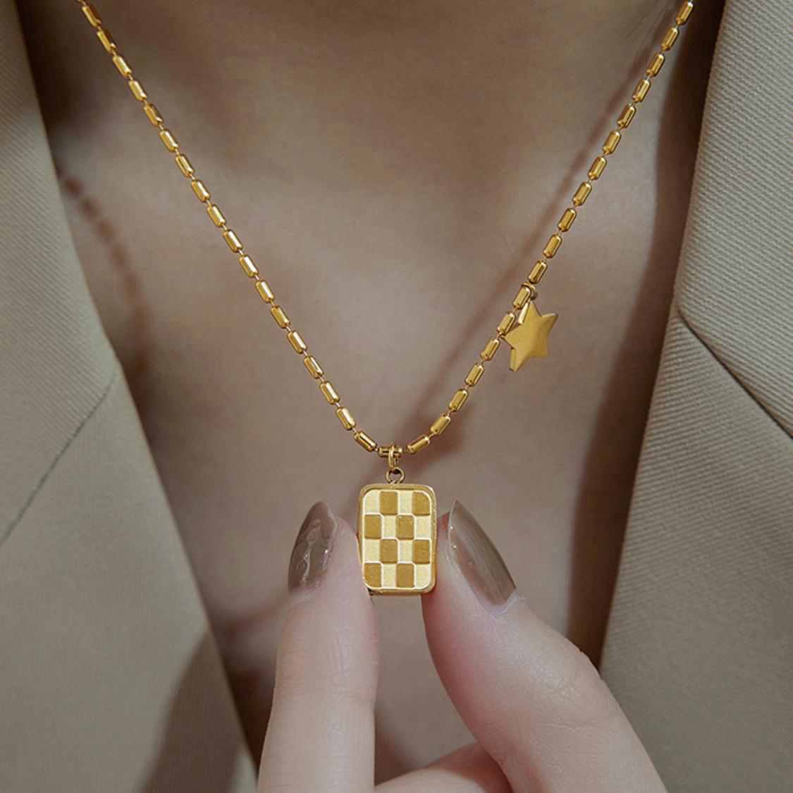 钛钢项链 棋盘格方牌星星五角星百搭气质情色法式闺蜜女情侣项链