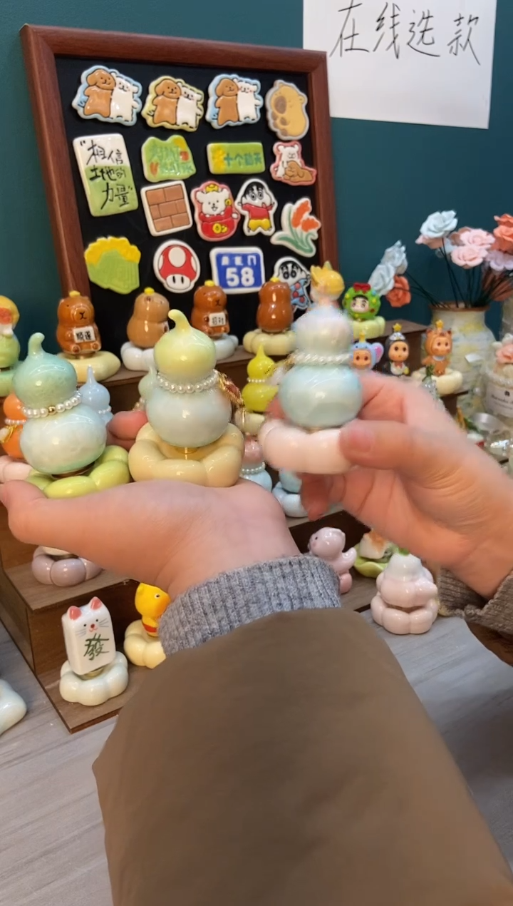 摆件陶绿色 粉色 黄色葫芦景德镇陶瓷摆件3个装