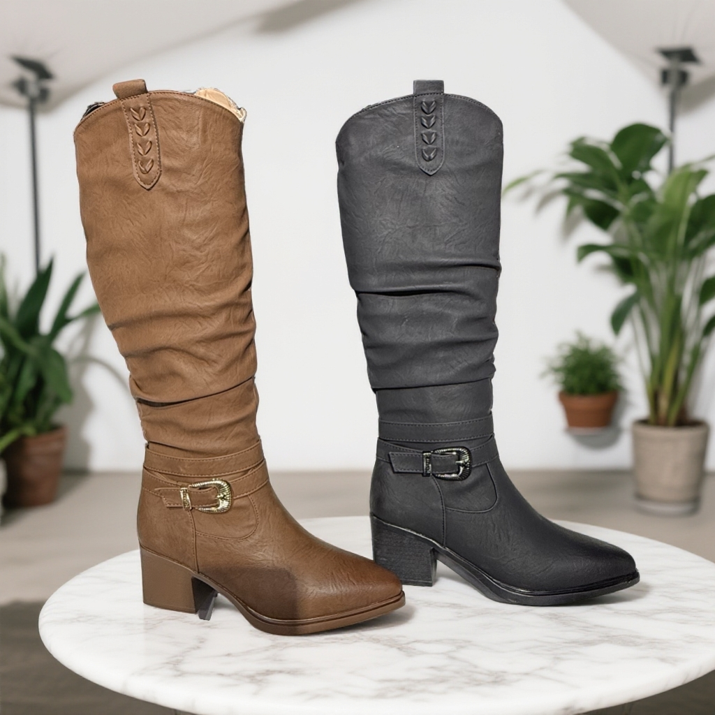 冬尖圆头高跟褶皱高筒骑士靴女时尚百搭堆堆靴长筒时装靴595