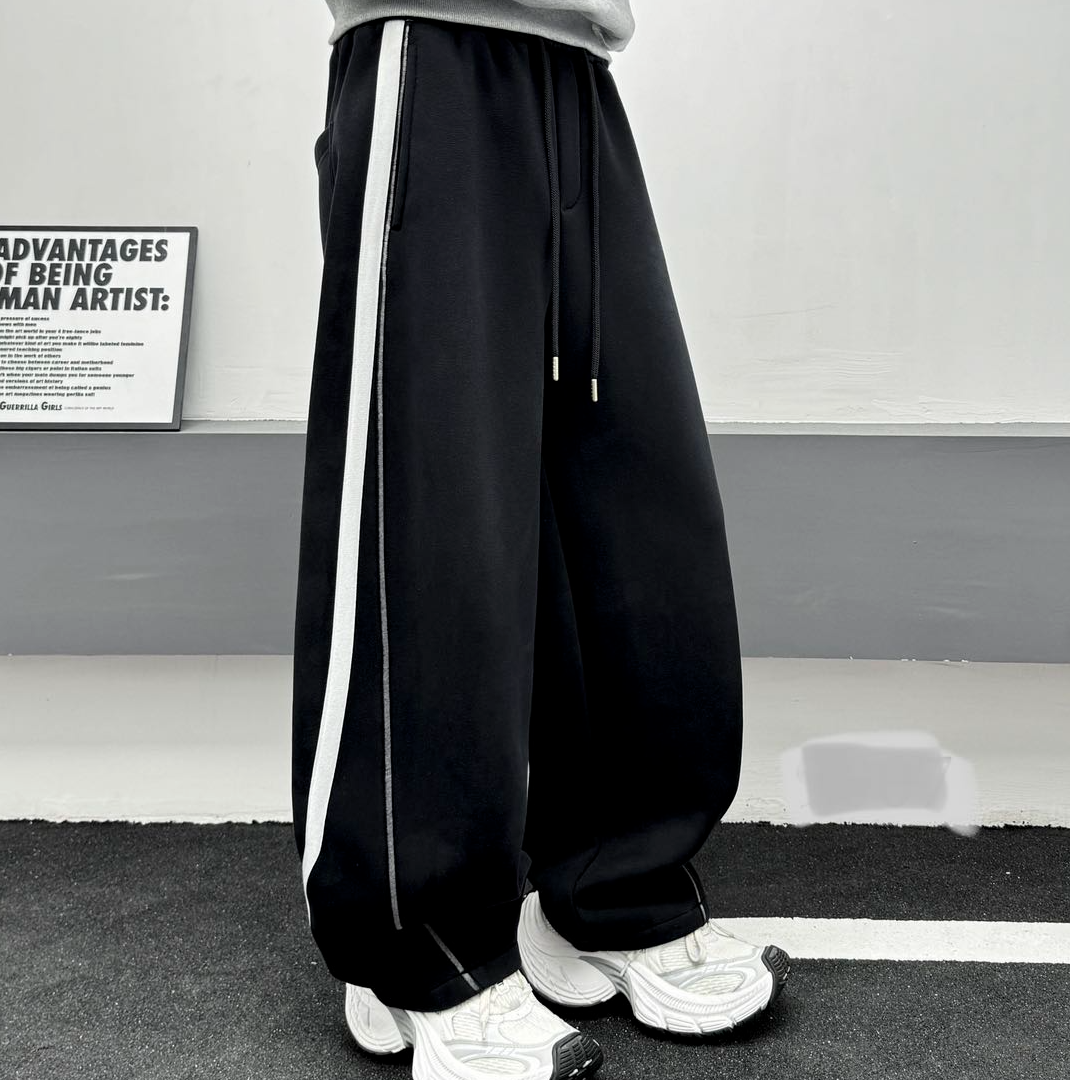 【AX巴家风撞色卫裤】冬季男士加绒设计感百搭阔腿直筒休闲长裤