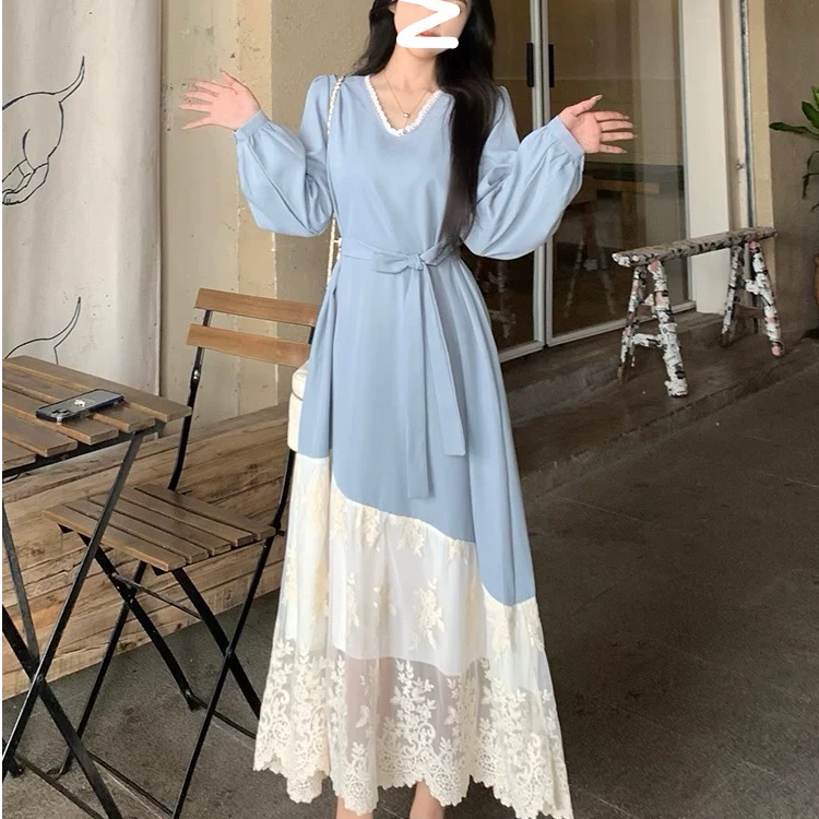 拼色拼接长裙法式常规秋季连衣裙温柔裙子显瘦收腰夏季宽松