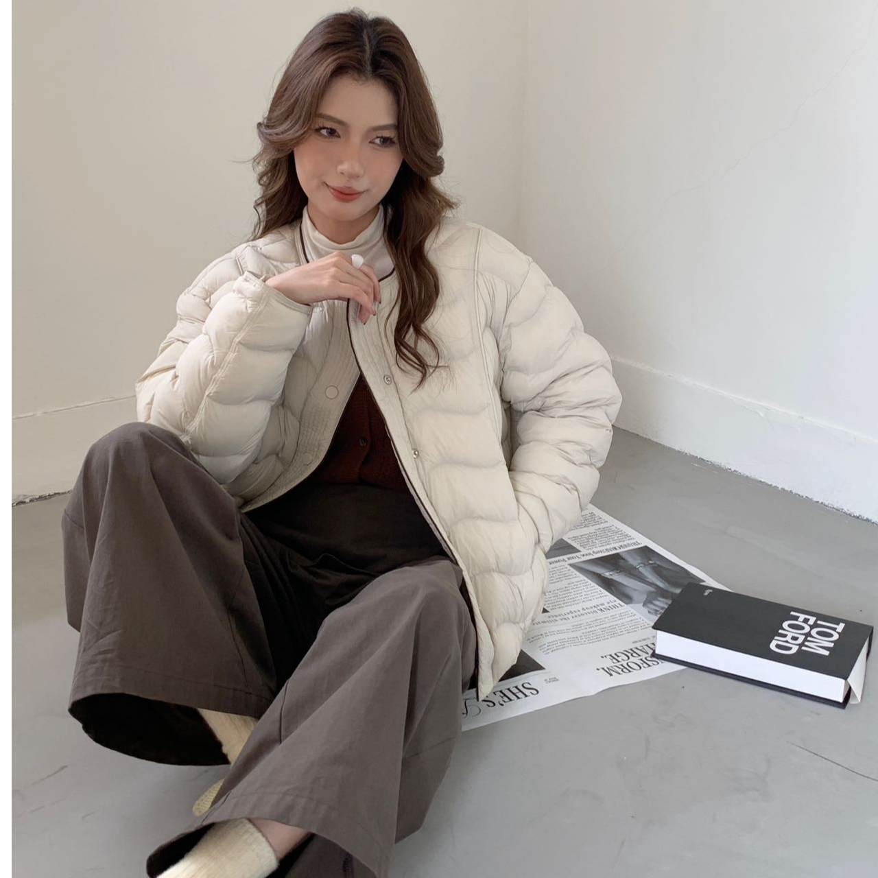 圆领拼接外穿通勤百搭秋冬羽绒服-85018