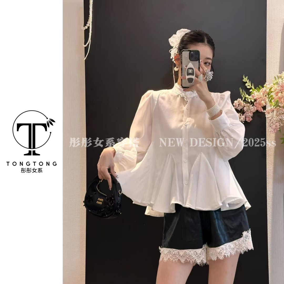 TongTong女系 通勤风圆领显瘦长袖薄款衬衫轻奢气质设计感法式